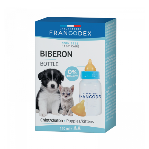 Sticlă de hrană pentru animale 120 ml + 2 tetine FRANCODEX Butelka do karmienia szczeniąt i kociąt 120 ml-2.png